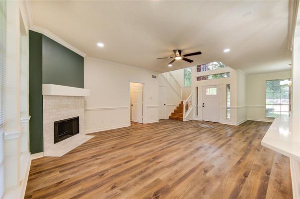 Empty room, Fireplace, Interior, Recessed Lighting, Wood Texture Flooring