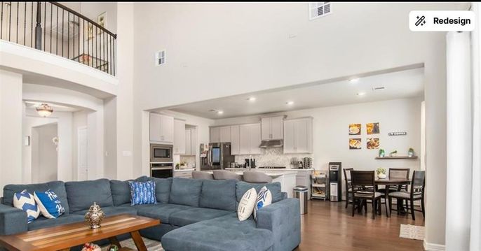 Dining room, Interior, Kitchen, Living room, Recessed Lighting, Stainless Steel Appliances, Wood Texture Flooring
