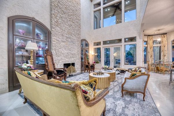 Dining room, Fireplace, Interior, Living room, Pendant Lights, Stone Walls
