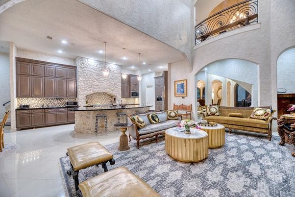 Interior, Kitchen, Living room, Pendant Lights, Recessed Lighting, Stainless Steel Appliances, Stone Walls