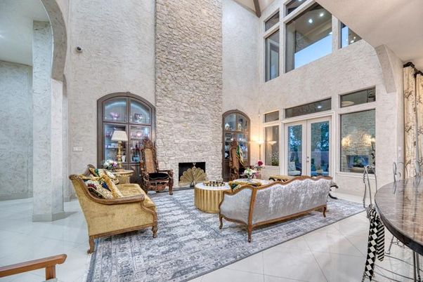 Fireplace, Interior, Living room, Recessed Lighting, Stone Walls