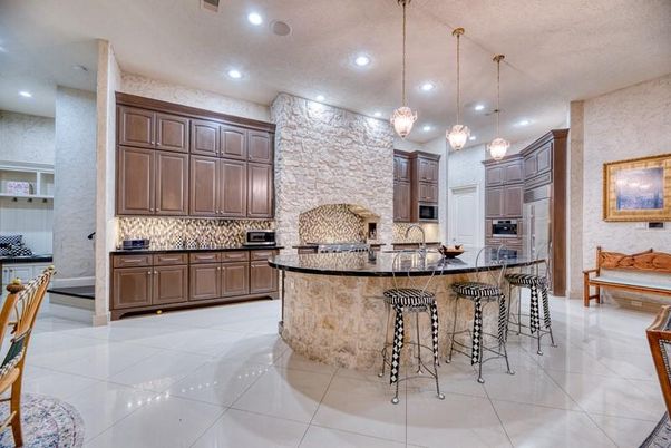 Interior, Kitchen, Pendant Lights, Recessed Lighting, Stainless Steel Appliances, Stone Walls