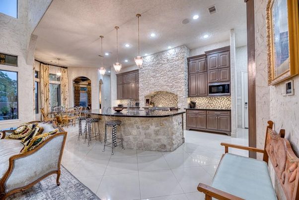 Dining room, Interior, Kitchen, Pendant Lights, Recessed Lighting, Stainless Steel Appliances, Stone Walls
