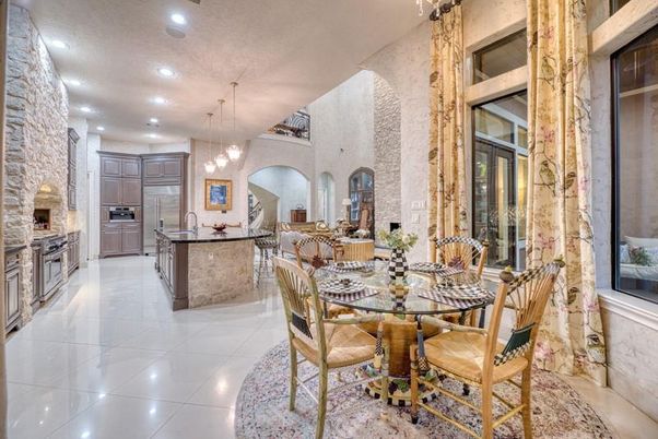 Dining room, Fireplace, Interior, Kitchen, Pendant Lights, Recessed Lighting, Stone Walls