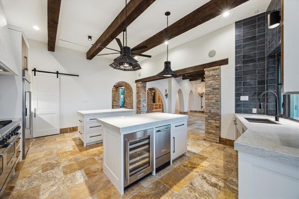 Interior, Kitchen, Pendant Lights, Recessed Lighting, Stone Walls, Wooden Beams