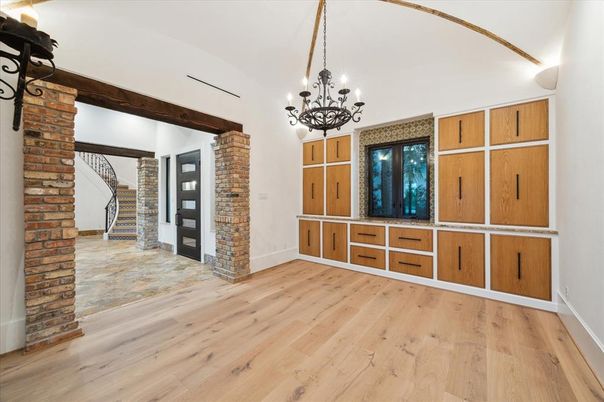 Chandelier, Empty room, Interior, Stone Walls, Wood Texture Flooring