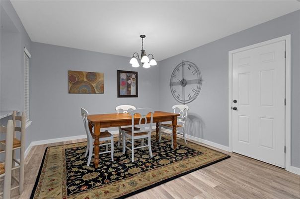 Dining room, Interior, Pendant Lights, Wood Texture Flooring