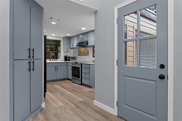 Interior, Kitchen, Recessed Lighting, Stainless Steel Appliances, Wood Texture Flooring