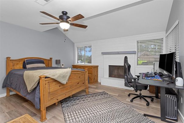 Bedroom, Fireplace, Home Office, Interior, Wood Texture Flooring