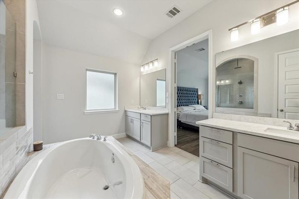 Bathroom, Bedroom, Dual Sink Vanities, Interior, Recessed Lighting, Wood Texture Flooring
