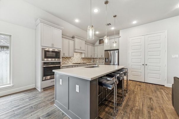 Interior, Kitchen, Pendant Lights, Recessed Lighting, Stainless Steel Appliances, Wood Texture Flooring