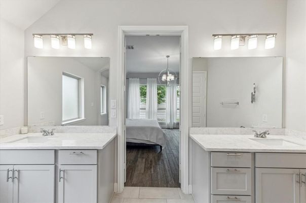 Bathroom, Dual Sink Vanities, Interior, Marble, Pendant Lights, Wood Texture Flooring