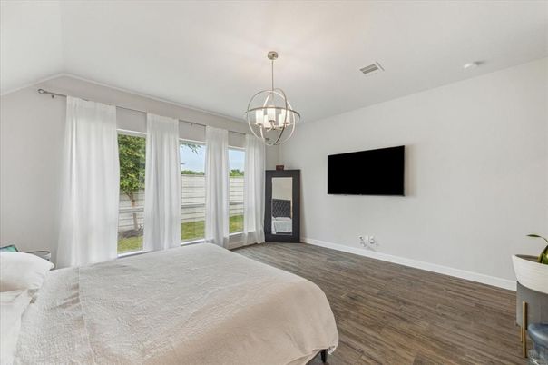 Bedroom, Chandelier, Interior, Wood Texture Flooring