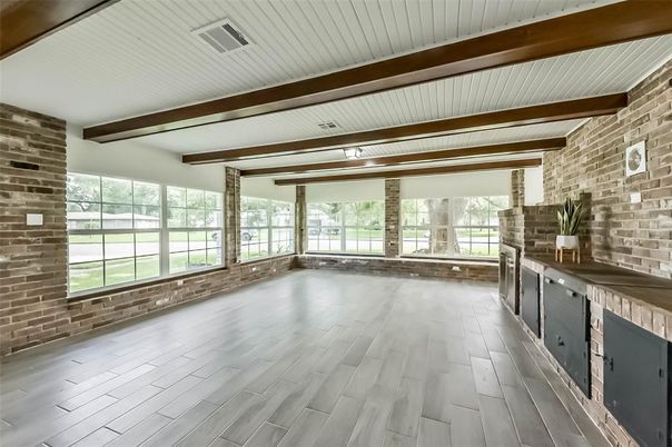 Empty room, Interior, Stone Walls, Wooden Beams, Wood Texture Flooring