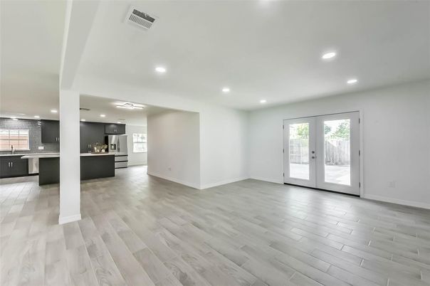 Empty room, Interior, Kitchen, Recessed Lighting, Wood Texture Flooring