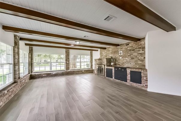Empty room, Interior, Stone Walls, Wooden Beams, Wood Texture Flooring