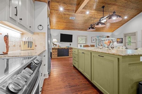 Interior, Kitchen, Pendant Lights, Recessed Lighting, Wooden Ceilings, Wood Texture Flooring