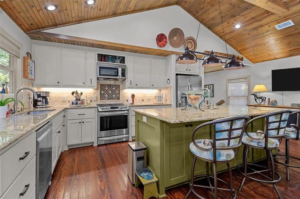 Interior, Kitchen, Pendant Lights, Recessed Lighting, Stainless Steel Appliances, Wooden Ceilings, Wood Texture Flooring