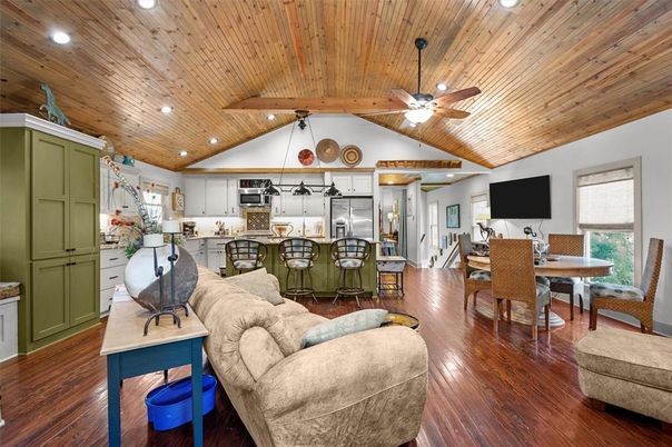 Dining room, Interior, Kitchen, Living room, Recessed Lighting, Wooden Beams, Wooden Ceilings, Wood Texture Flooring