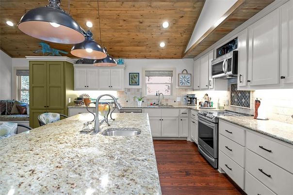 Interior, Kitchen, Pendant Lights, Recessed Lighting, Stainless Steel Appliances, Wooden Ceilings, Wood Texture Flooring