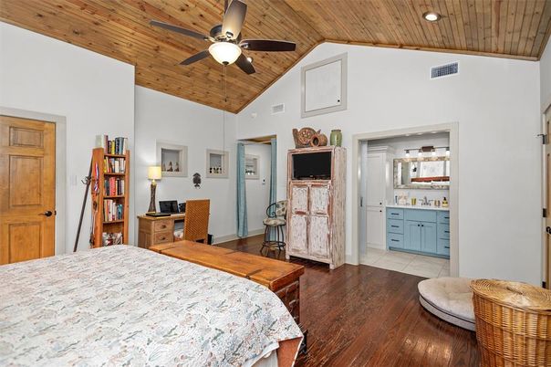 Bathroom, Bedroom, Interior, Recessed Lighting, Wooden Ceilings, Wood Texture Flooring