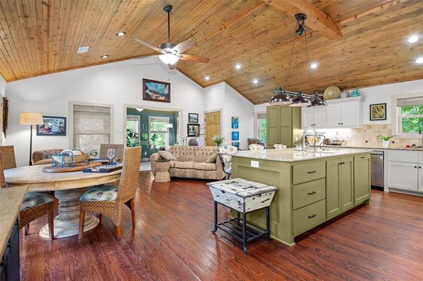 Dining room, Interior, Kitchen, Living room, Recessed Lighting, Wooden Beams, Wooden Ceilings, Wood Texture Flooring