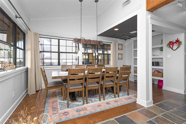 Chandelier, Dining room, Interior, Recessed Lighting, Wood Texture Flooring