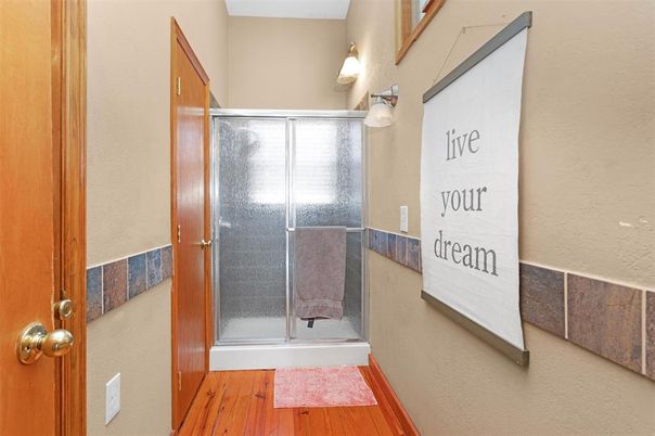 Bathroom, Glass Shower, Interior, Wood Texture Flooring