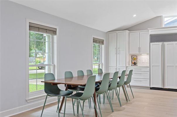 Dining room, Interior, Recessed Lighting, Wood Texture Flooring