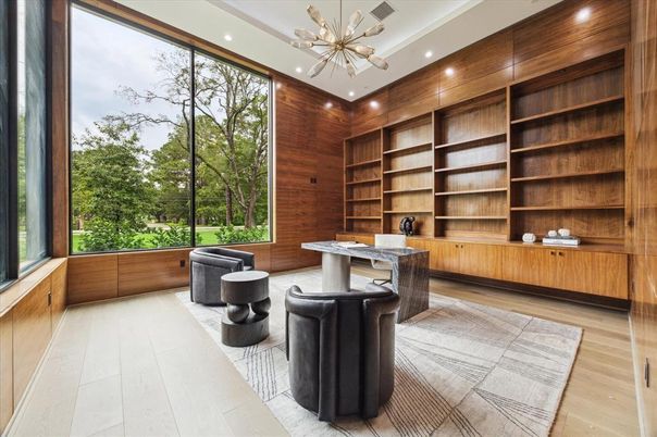Home Office, Interior, Pendant Lights, Recessed Lighting, Wood Texture Flooring, Wooden Walls