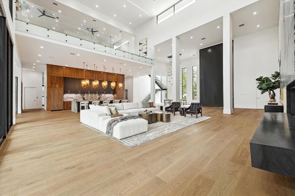 Interior, Kitchen, Living room, Pendant Lights, Recessed Lighting, Wood Texture Flooring