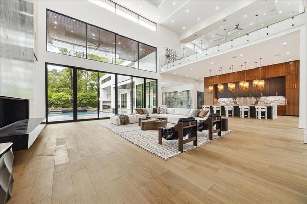 Interior, Living room, Pendant Lights, Recessed Lighting, Wood Texture Flooring