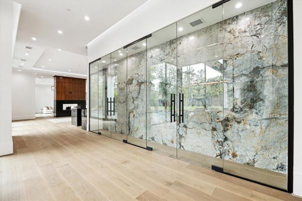 Interior, Marble Walls, Recessed Lighting, Wood Texture Flooring