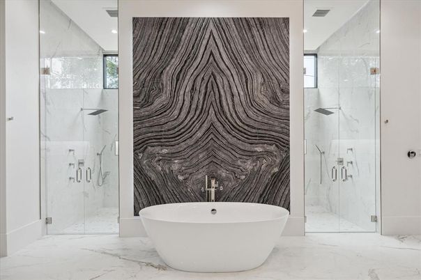 Bathroom, Free Standing Baths, Glass Shower, Interior, Marble, Marble Walls, Recessed Lighting