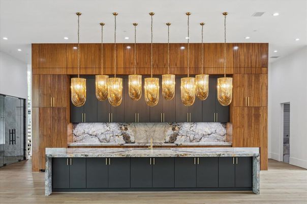 Interior, Kitchen, Marble Walls, Pendant Lights, Recessed Lighting, Wood Texture Flooring