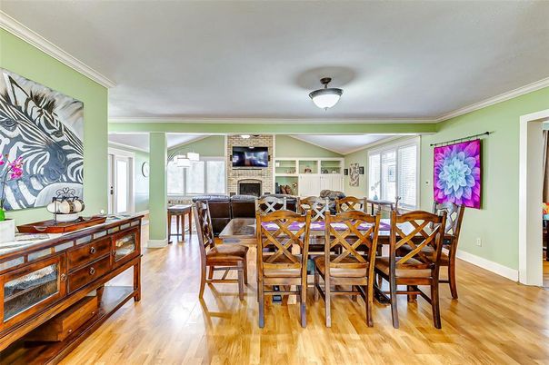 Dining room, Fireplace, Interior, Wood Texture Flooring