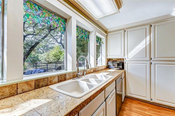 Interior, Kitchen, Tile Countertops, Wood Texture Flooring