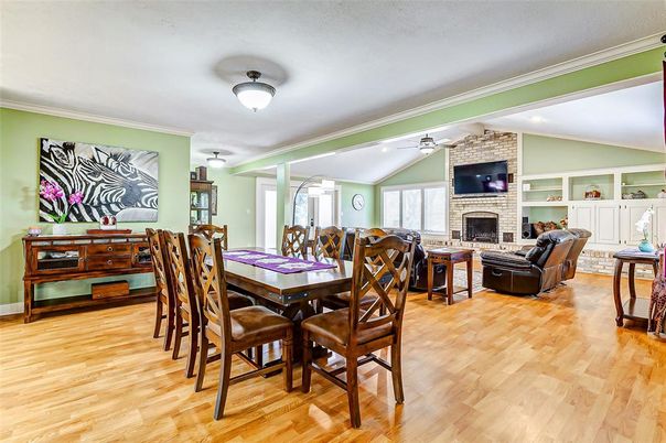 Dining room, Fireplace, Interior, Living room, Stone Walls, Wood Texture Flooring