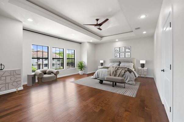 Bedroom, Interior, Recessed Lighting, Wood Texture Flooring