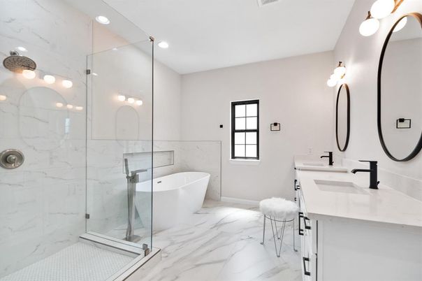Bathroom, Free Standing Baths, Glass Shower, Interior, Marble, Marble Walls, Recessed Lighting