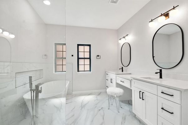 Bathroom, Dual Sink Vanities, Free Standing Baths, Interior, Marble, Marble Walls, Recessed Lighting
