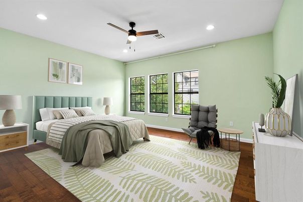 Bedroom, Interior, Recessed Lighting, Wood Texture Flooring