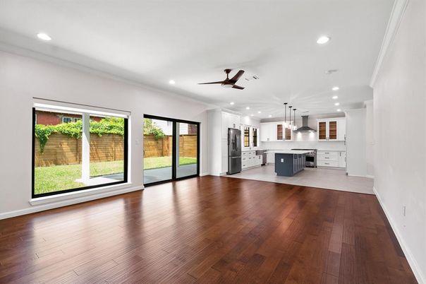 Empty room, Interior, Kitchen, Pendant Lights, Recessed Lighting, Wood Texture Flooring