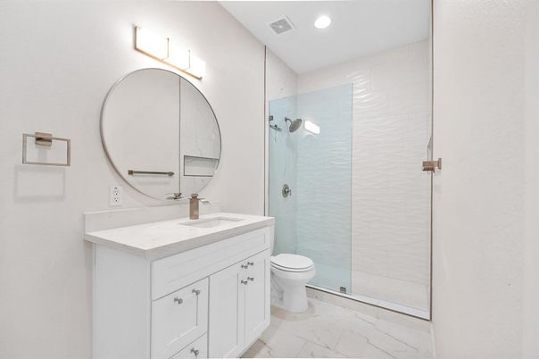 Bathroom, Glass Shower, Interior, Marble, Recessed Lighting