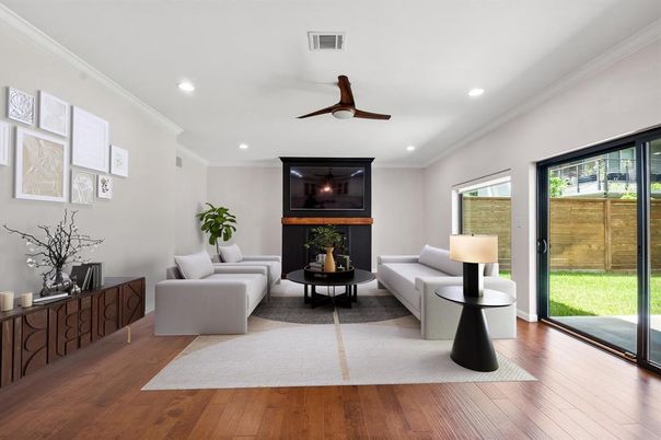 Fireplace, Interior, Living room, Recessed Lighting, Wood Texture Flooring