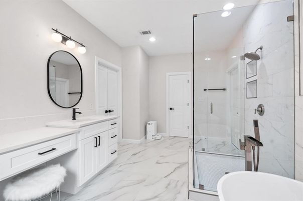 Bathroom, Dual Sink Vanities, Glass Shower, Interior, Marble, Marble Walls, Recessed Lighting