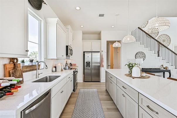 Interior, Kitchen, Pendant Lights, Recessed Lighting, Stainless Steel Appliances, Wood Texture Flooring