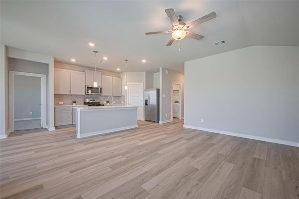Empty room, Interior, Kitchen, Pendant Lights, Recessed Lighting, Wood Texture Flooring