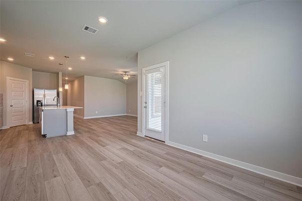 Empty room, Interior, Kitchen, Pendant Lights, Recessed Lighting, Wood Texture Flooring