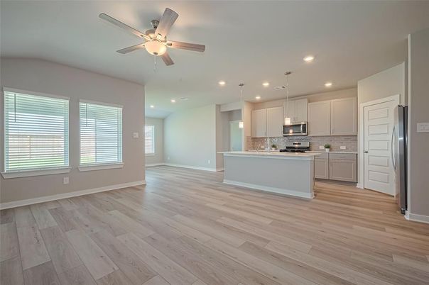 Empty room, Interior, Kitchen, Pendant Lights, Recessed Lighting, Wood Texture Flooring